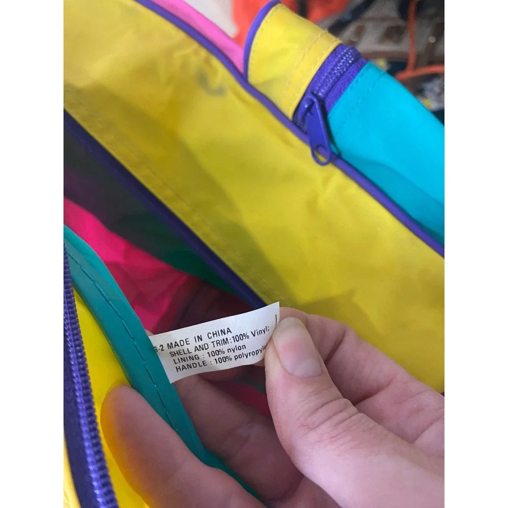 Vintage 80s 90s Colorblock Backpack Pink Yellow Teal Retro Vinyl School Bag